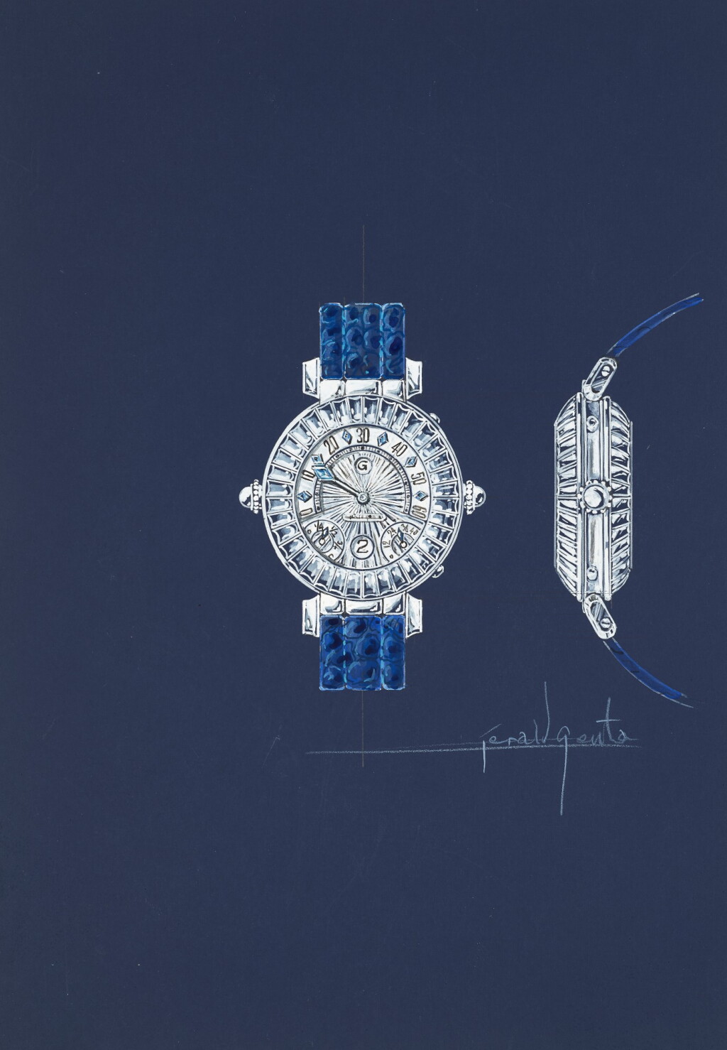 View full screen - View 1 of Lot 16. An original prototype design of a gem-set grand complication wristwatch, painted by Gérald Genta, with accompanying NFT, Circa 1994 | 傑洛・尊達 一幅鑲寶石 Grand Complication 腕錶原型設計圖,由傑洛・尊達繪製並附帶 NFT 証書,約1994年製.