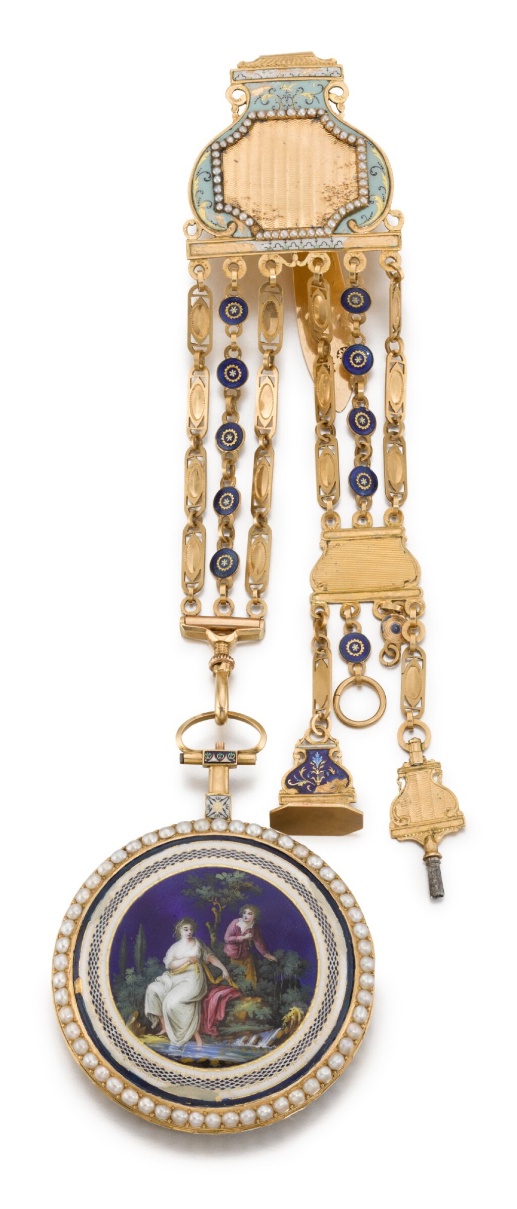 View full screen - View 1 of Lot 45. ROBIN A PARIS | GOLD, ENAMEL AND PEARL-SET WATCH WITH CHATELAINE, CIRCA 1790.