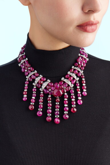 View full screen - View 1 of Lot 1818. Art Deco Ruby and Diamond Necklace, Circa 1930s | 夢寶星 | 裝飾藝術風格 紅寶石 配 鑽石 項鏈, 約1930年代.
