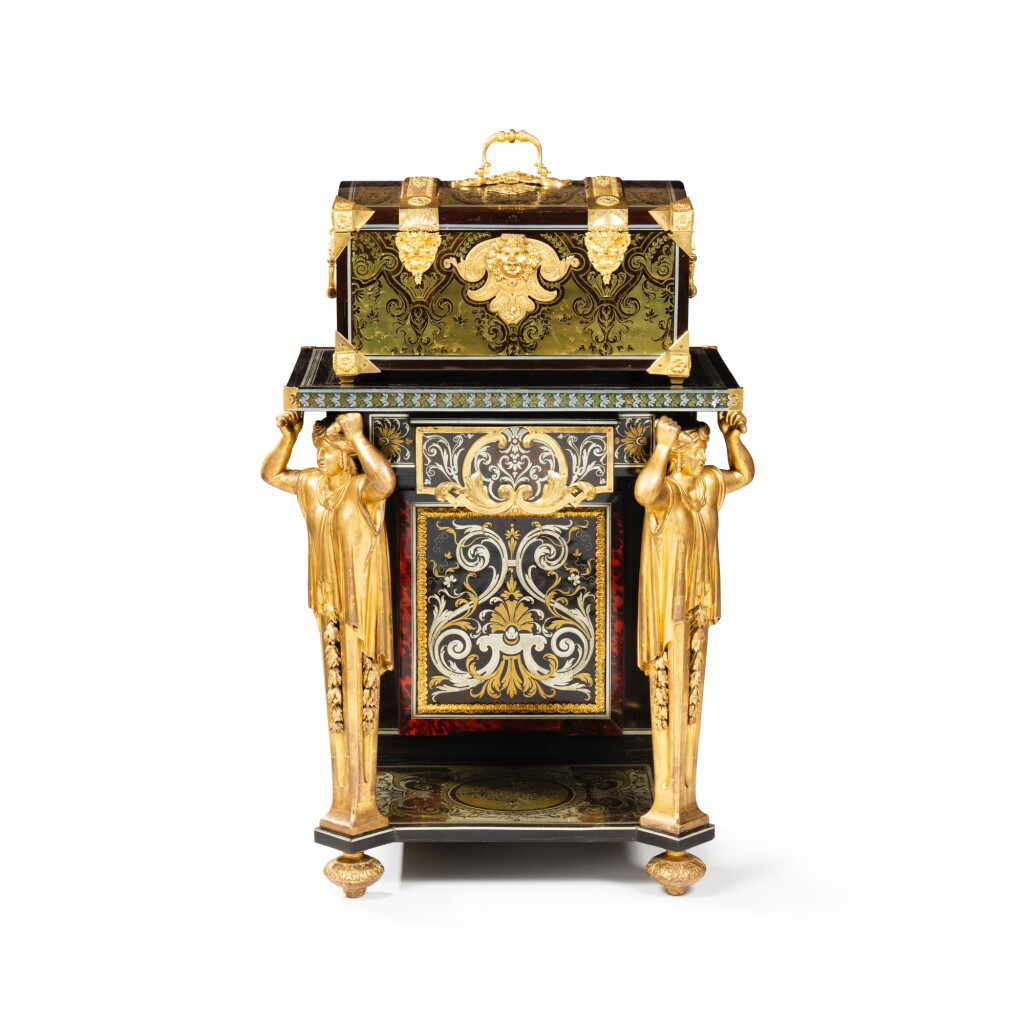 View full screen - View 1 of Lot 22. A marquetry casket and stand, the casket Louis XIV circa 1685-1700, attributed to André-Charles Boulle, the stand partly Louis XIV adapted in the second half of the 18th century.