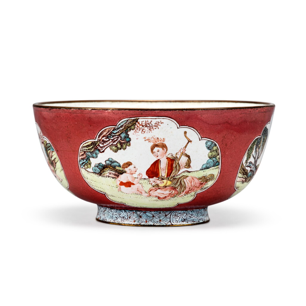 View full screen - View 1 of Lot 237. A Pink-Ground Canton Enamel 'European Subject' Bowl, Qing Dynasty, 18th Century | 清十八世紀 銅胎畫琺琅粉地開光西洋人物圖盌.