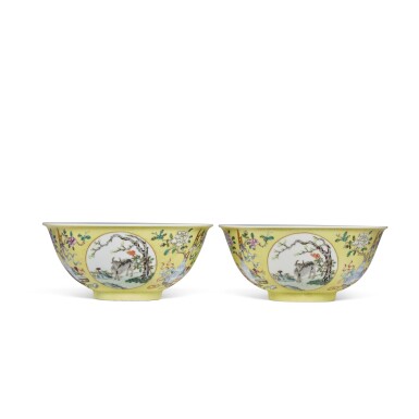 View full screen - View 1 of Lot 18. A pair of yellow-ground famille-rose sgraffiato 'Three Rams' medallion bowls, Qing dynasty.