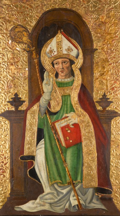 View full screen - View 1 of Lot 151. SCHOOL OF ARAGON, 15TH CENTURY | A SEATED BISHOP RAISING HIS HAND IN BLESSING.