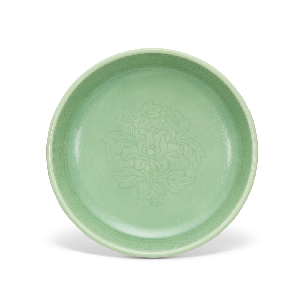 View full screen - View 1 of Lot 3701. A fine and very rare celadon-glazed incised 'peony' basin, Seal mark and period of Yongzheng | 清雍正 粉青釉劃牡丹紋圓洗 《大清雍正年製》款.