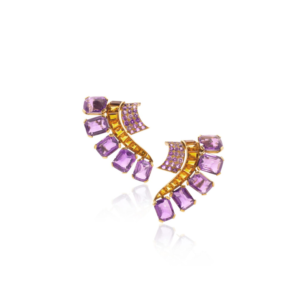 View full screen - View 1 of Lot 1074. Pair of amethyst and citrine brooches, circa 1938.