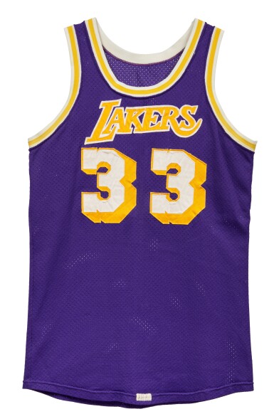 View full screen - View 1 of Lot 30. Kareem Abdul-Jabbar 1984 NBA Finals Los Angeles Lakers Game Worn Jersey | Matched to Multiple Games.