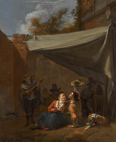 View full screen - View 1 of Lot 159. Peasants merrymaking beneath a wall.