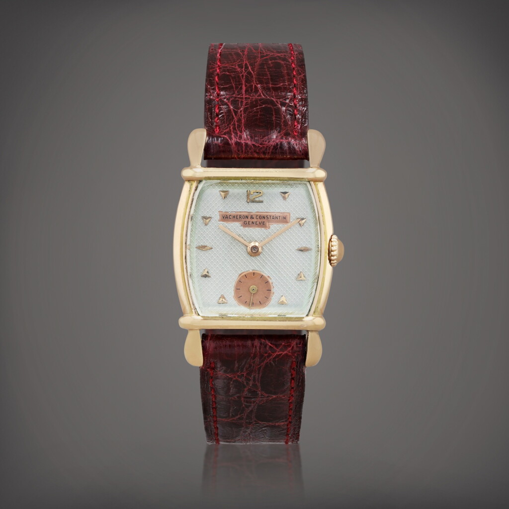 View full screen - View 1 of Lot 489. Tonneau shape, reference 4238 Montre bracelet en or rose avec cornes goutte | Pink gold wristwatch with teardrop lugs Vers 1940 | Circa 1940.
