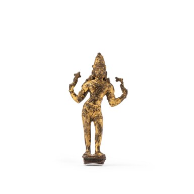 View full screen - View 1 of Lot 193. A gilt-copper alloy figure of Shiva South, India, ca. 17th century | 南印度 約十七世紀 鎏金銅合金濕婆立像.