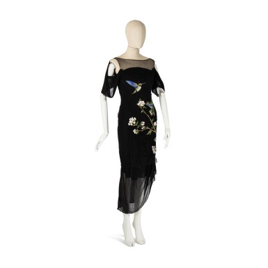 Alexander McQueen | Draped black dress embroidered with hummingbirds Alexander McQueen | Draped black dress embroidered with hummingbirds