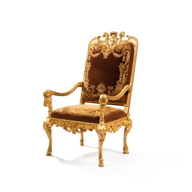 View full screen - View 1 of Lot 2. A Régence giltwood fauteuil, circa 1710-1720, after the designs of Daniel Marot (1650-1712).