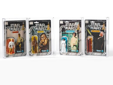 View full screen - View 1 of Lot 14. 4 STAR WARS FIGURES: LUKE SKYWALKER, CHEWBACCA, PRINCESS LEIA AND OBI-WAN KENOBI (WHITE HAIR), 1978.