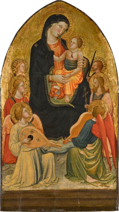 View full screen - View 1 of Lot 1. The Virgin and Child flanked by Saint Mary Magdalene, Saint John the Baptist, Saint Catherine of Alexandria, Saint Paul and two angels playing music.
