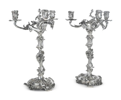 View full screen - View 1 of Lot 366. A Pair of Victorian Silver Three-Light Candelabra, R. & S. Garrard & Co., London, 1851.