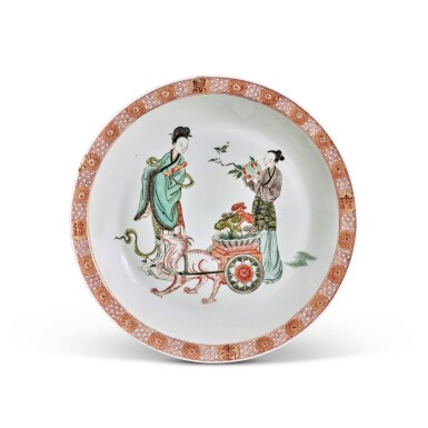 View full screen - View 1 of Lot 20. A famille-verte 'birthday' dish, Mark and period of Kangxi | 清康熙 五彩麻姑獻壽圖盤 《大清康熙年製》款.