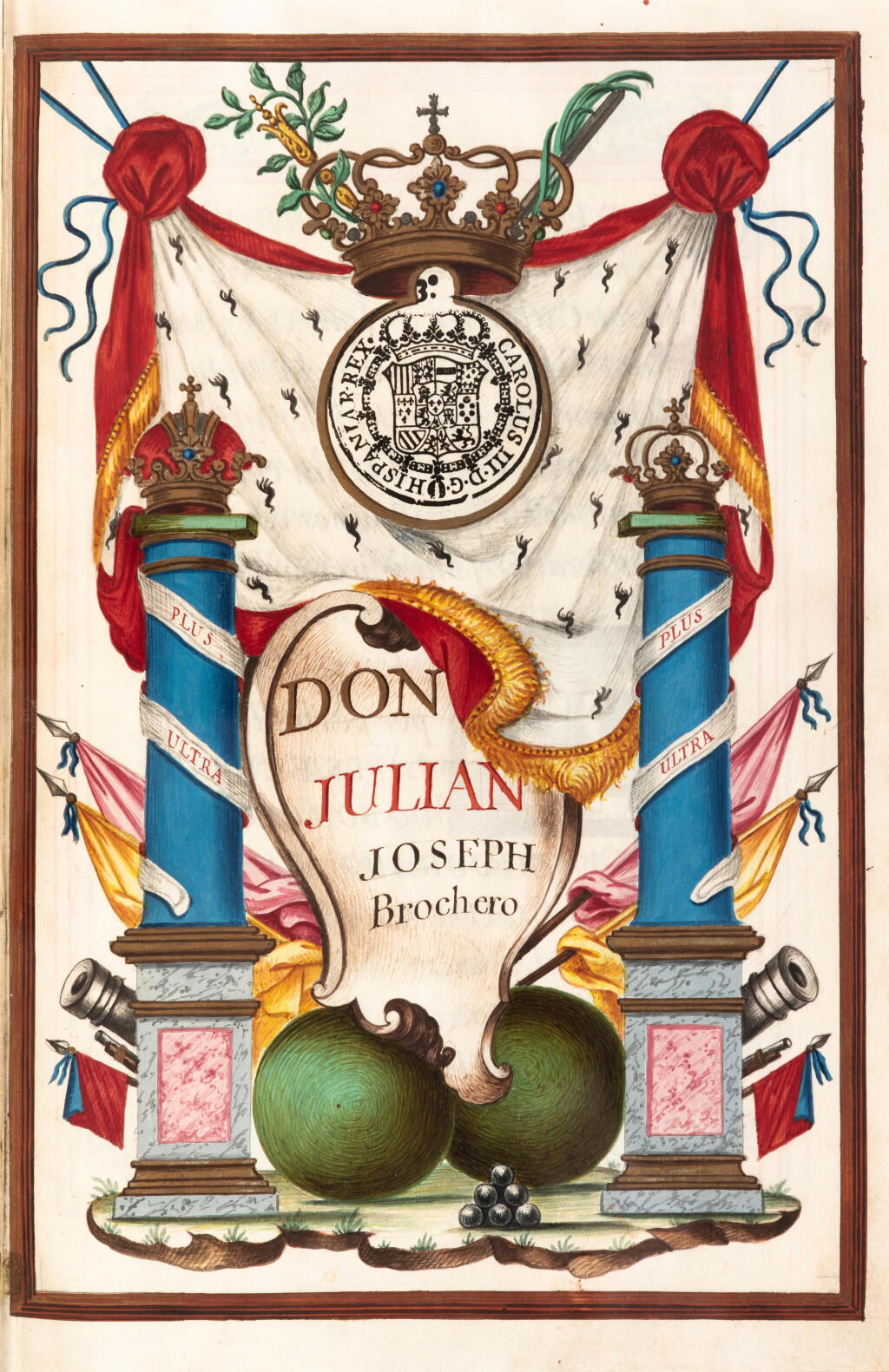 View full screen - View 1 of Lot 43. Patente di nobiltà di Don Luis Bermudo Soriano... Madrid, 5 mai 1774. Joli brevet de noblesse, très élégamment calligraphié et orné de peintures. Relié aux armes de Charles III d'Espagne. .