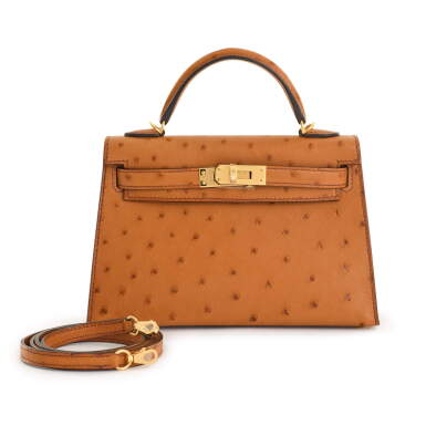 View full screen - View 1 of Lot 46. Cognac Ostrich Mini Kelly 20 Gold Hardware, 2021.
