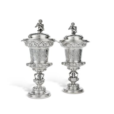 View full screen - View 1 of Lot 481. A Pair of Victorian Silver Standing Cups and Covers after Paul Storr, J.B. Carrington & Co., London, 1900.