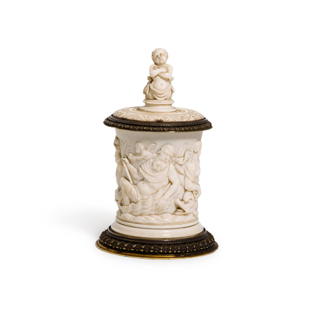 View full screen - View 1 of Lot 31. A silver-gilt mounted ivory beaker, maker's mark GAL a florette below, town mark four bars above H, probably German, circa 1700.