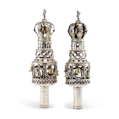 View full screen - View 1 of Lot 34. A Pair of German Silver Torah Finials, Joseph Antoni Seethaler, Augsburg, 1808.