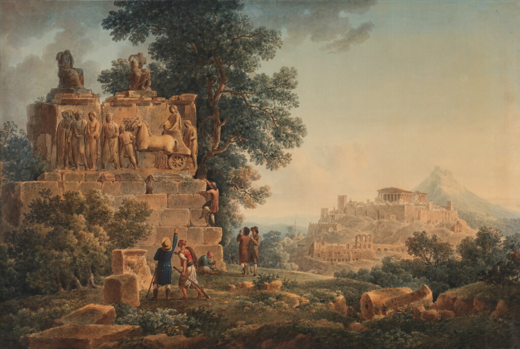 View full screen - View 1 of Lot 236. Archaeologists examining a bas-relief with a view of the Acropolis, Athens, behind.