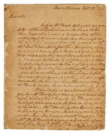 View full screen - View 1 of Lot 1042. Washington, George | A 1774 letter to his Loyalist friend Jonathan Boucher concerning his grants in the trans-Appalachian Ohio lands.