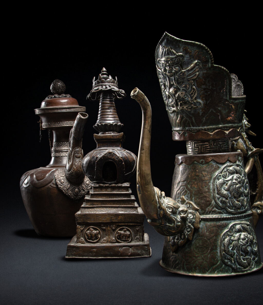 View full screen - View 1 of Lot 37. A group of six bronze objects, Tibet and Nepal, 18th / 20th century.