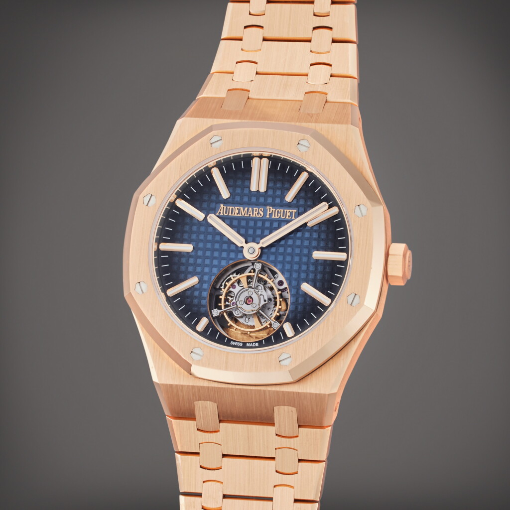 View full screen - View 1 of Lot 55. Reference 26730OR.OO.1320OR.01 Royal Oak Tourbillon '50th Anniversary' | A pink gold flying tourbillon wristwatch, Owned and Worn by Sylvester Stallone, Circa 2022.