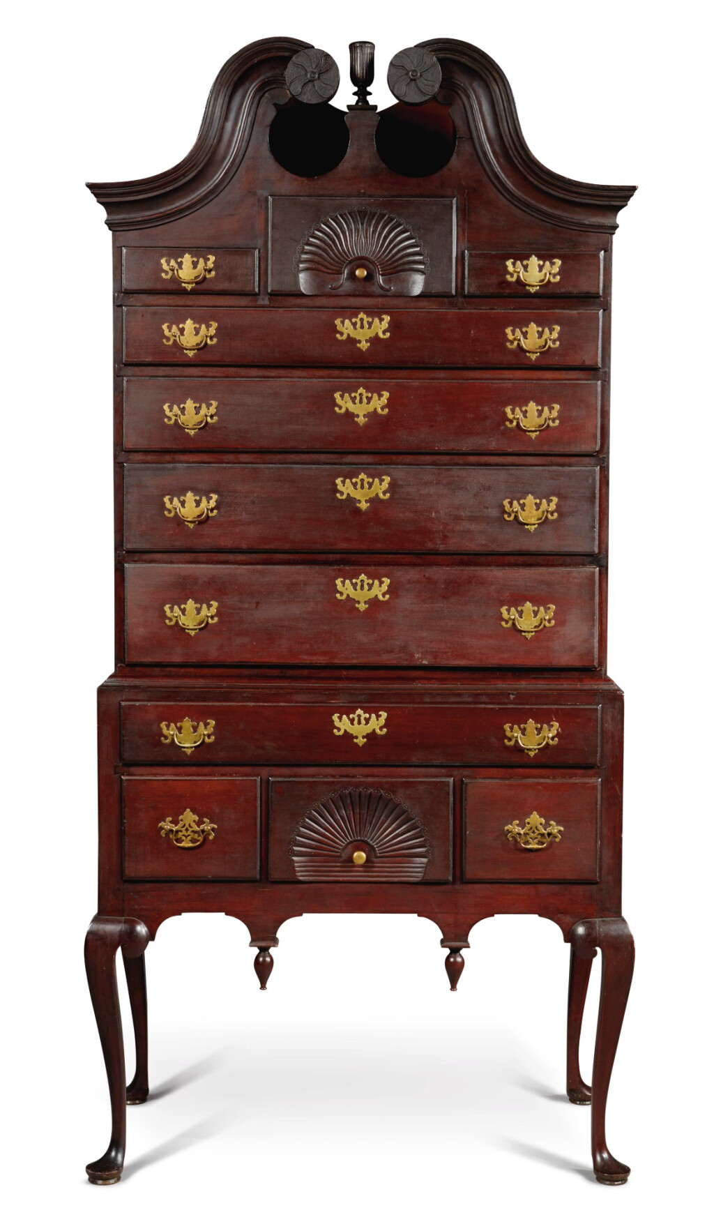View full screen - View 1 of Lot 1049. EXCEPTIONAL CHIPPENDALE CARVED CHERRYWOOD BONNET-TOP HIGH CHEST OF DRAWERS, COLCHESTER, CONNECTICUT, CIRCA 1775.