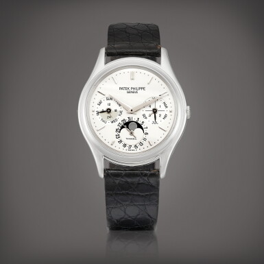 View full screen - View 1 of Lot 2309. Reference 3940 | The only known platinum perpetual calendar wristwatch with moon phases, 24 hours and leap year indication, Retailed by Tiffany & Co., Made in 2004 | 百達翡麗 | 型號3940 | 已知唯一鉑金萬年曆腕錶,備月相、24小時及閏年顯示,由 TIFFANY & CO. 發行,2004年製.