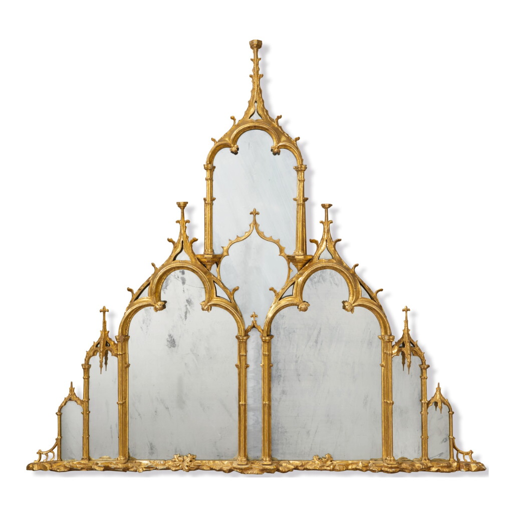 View full screen - View 1 of Lot 768. A NEO-GOTHIC GILTWOOD OVERMANTEL MIRROR, 19TH CENTURY.