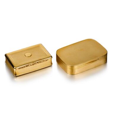 View full screen - View 1 of Lot 1117. Two gold snuff boxes, probably Alexander James Strachan, London, 1808, and Daniel Hockley & Thomas Bosworth, London, 1815 .