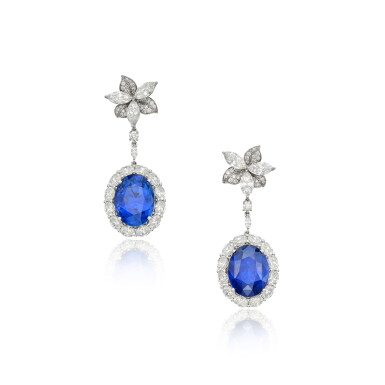 View full screen - View 1 of Lot 25. Pair of Sapphire and Diamond Pendant-Earrings.