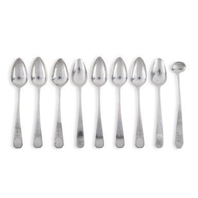 View full screen - View 1 of Lot 1036. Eight American Silver Teaspoons and a Condiment Spoon, John A. Shaw, Newport, Rhode Island, Circa 1805-15.
