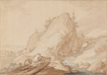 A mountainous landscape with a waterfall