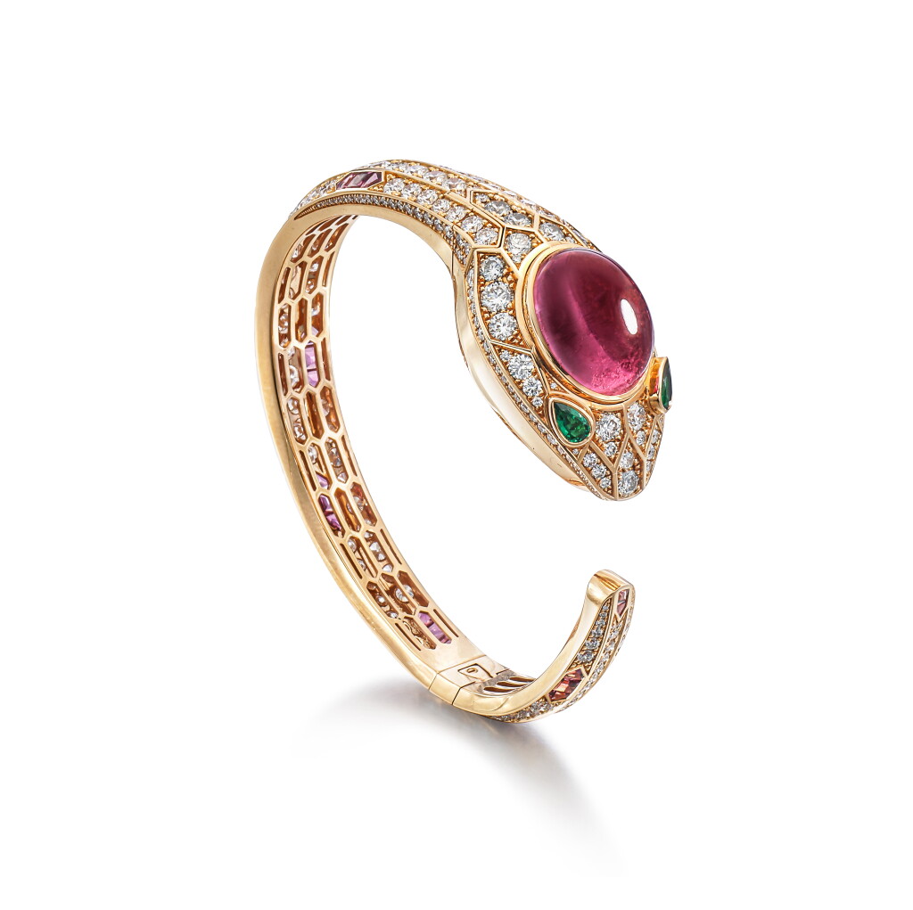 View full screen - View 1 of Lot 1708. 'Serpenti' Rubellite, Emerald and Diamond Wristwatch | 寶格麗 | 'Serpenti' 紅碧璽 配 祖母綠 及 鑽石 腕錶.