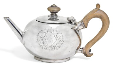 View full screen - View 1 of Lot 114. A SMALL GEORGE II SILVER BULLET TEAPOT, ANNE TANQUERAY, LONDON, 1729.