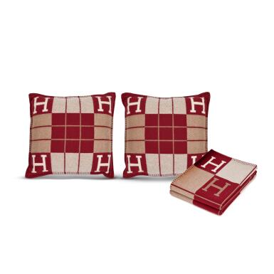 View full screen - View 1 of Lot 221. Set of Three A Pair of Écru Rouge H Merino Wool and Cashmere Avalon III Pillows and Écru and Rouge Cashmere and Merino Wool Avalon III Throw Blanket.