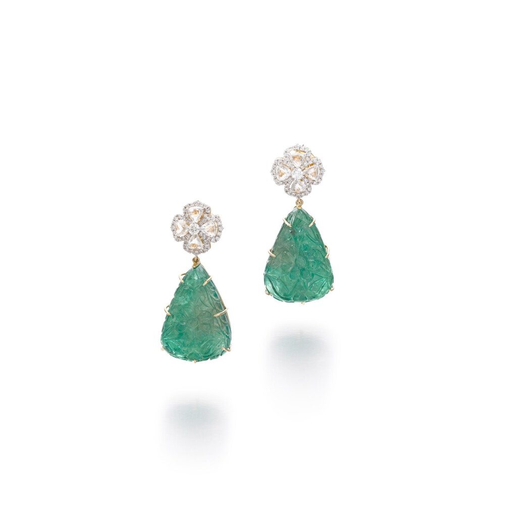 View full screen - View 1 of Lot 324. Pair of emerald and diamond earrings.