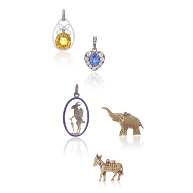 View full screen - View 1 of Lot 1143. Fabergé yellow sapphire, diamond and champlevé enamel pendant, workmaster Alfred Thielemann, St Petersburg, 1904-1912 and a collection of pendants.