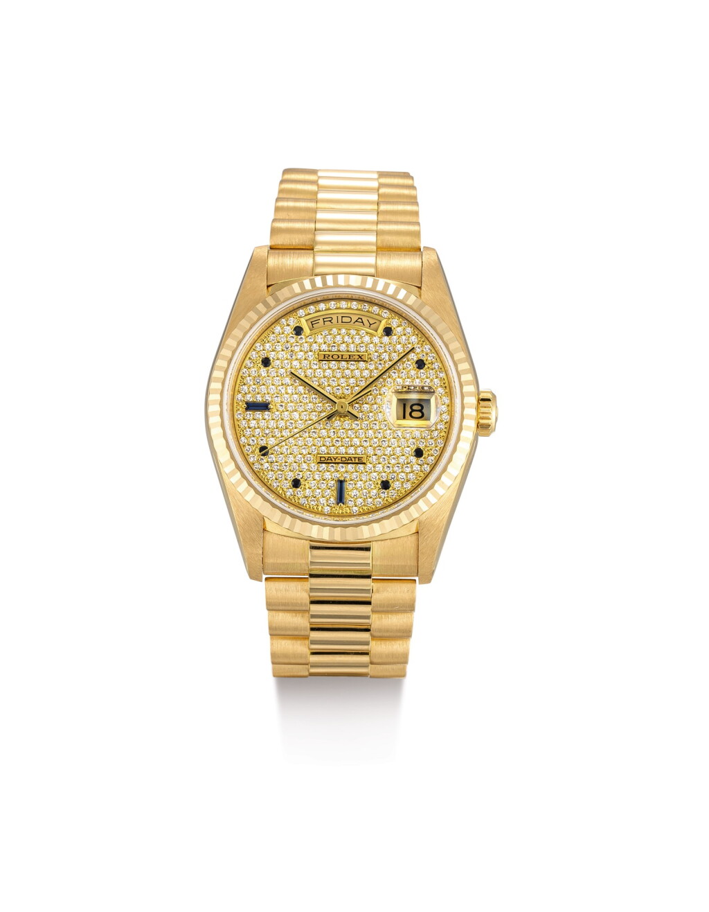 View full screen - View 1 of Lot 2109. ROLEX | DAY-DATE, REFERENCE 18238, A YELLOW GOLD, DIAMOND AND SAPPHIRE-SET WRISTWATCH WITH DAY, DATE AND BRACELET, CIRCA 1991 | 勞力士 | "Day-Date 型號18238 黃金鑲鑽石及藍寶石鏈帶腕錶,備日期及星期顯示,機芯編號X629862,約1991年製".