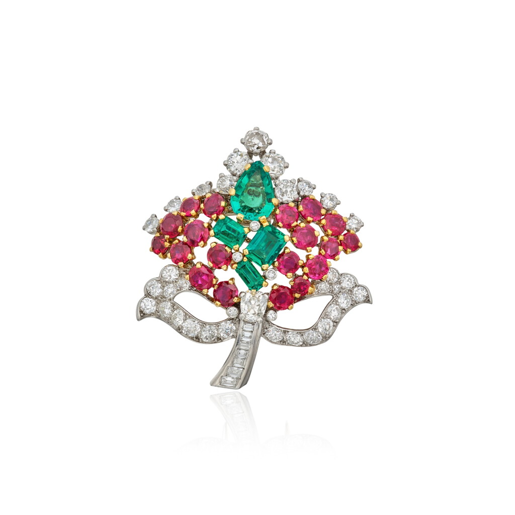 View full screen - View 1 of Lot 42. Emerald, Ruby and Diamond Clip, France.