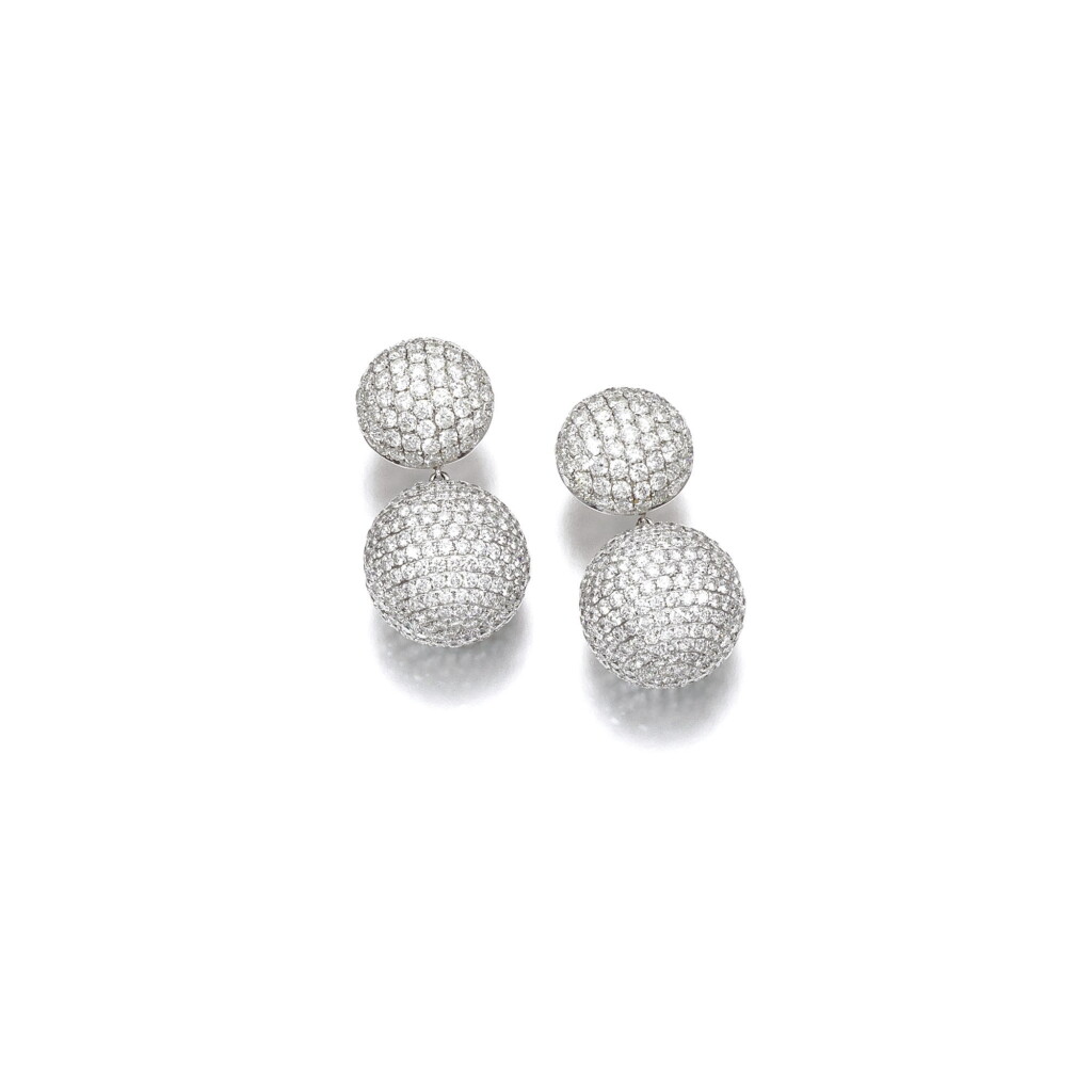 View full screen - View 1 of Lot 160. PAIR OF DIAMOND EARRINGS.