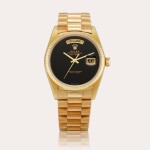 Day-Date, Reference 18038 A yellow gold wristwatch with Arabic day, date, onyx dial and bracelet, Circa 1986 | 勞力士 | DAY-DATE 型號18038 | 黃金鏈帶腕錶,備阿拉伯日期、星期及黑瑪瑙錶盤,約1986年製