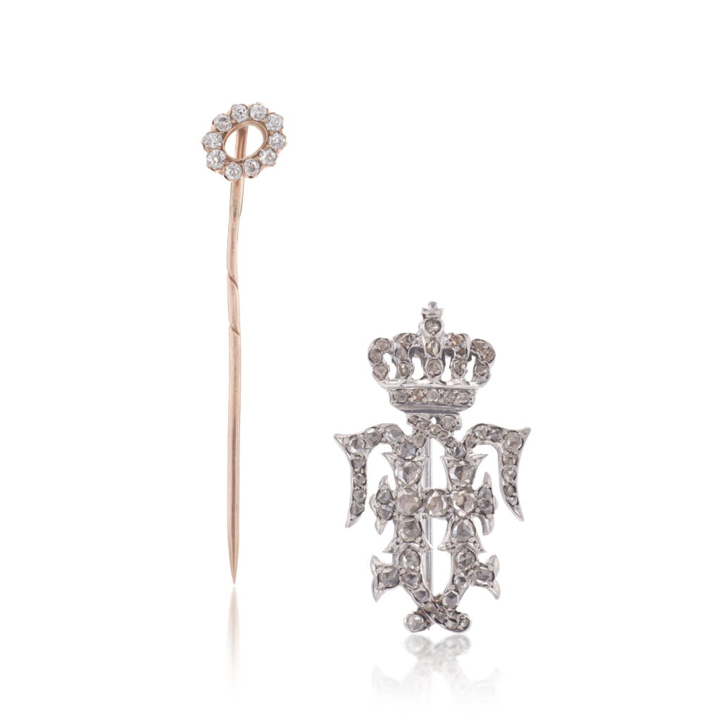 View full screen - View 1 of Lot 1094. Diamond brooch, circa 1936 and a diamond tie pin.