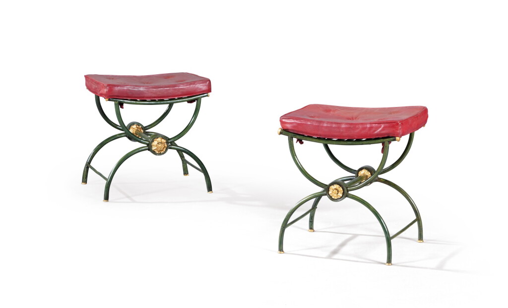 View full screen - View 1 of Lot 76. A pair of neoclassical patinated and gilt metal stools, early 19th century .