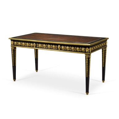 View full screen - View 1 of Lot 86. A Louis XV gilt-bronze mounted ebonized bureau plat by Pierre Denizot, circa 1765.