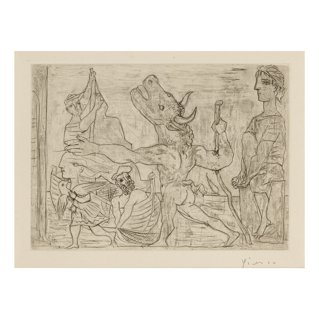 View full screen - View 1 of Lot 156. PABLO PICASSO | MINOTAURE AVEUGLE GUIDÉ PAR UNE PETITE FILLE AU PIGEON (B. 224; BA. 436).