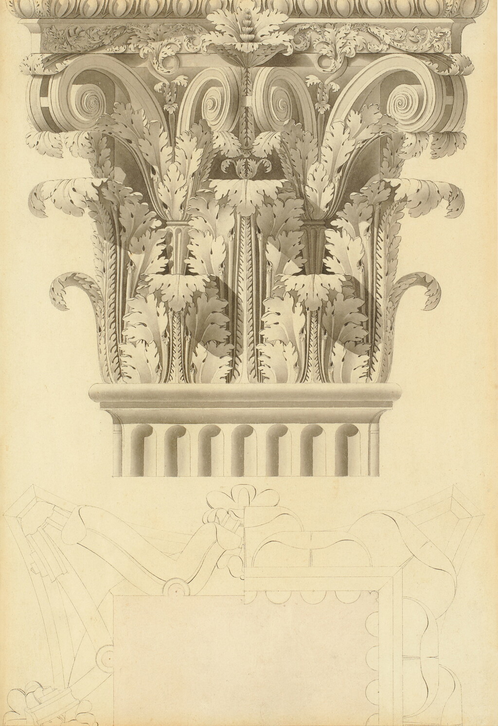 View full screen - View 1 of Lot 64. Austrian School, circa 1830, Capital of a column elevation and cross section.