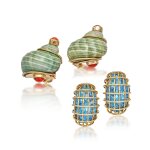 SEAMAN SCHEPPS | PAIR OF SHELL AND CORAL ‘TURBO SHELL' EARCLIPS | VERDURA | PAIR OF BLUE TOPAZ ‘CAGED’ EARRINGS | SEAMAN SCHEPPS | 貝殼 配 珊瑚 ’TURBO SHELL’ 耳夾一對 | VERDURA | 托帕石 ‘CAGED’ 耳環一對